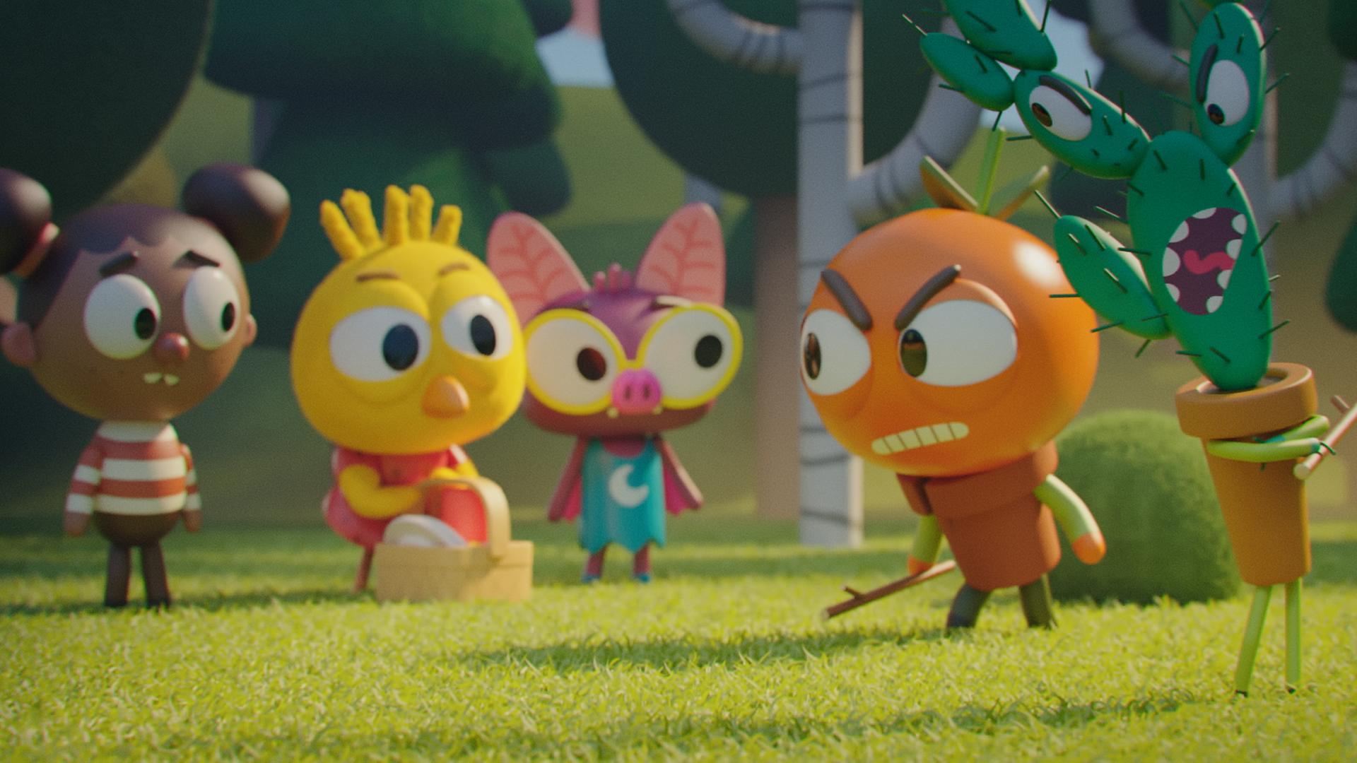 Im Wald: Auf einer Wiese stehen das Mädchen Alex, das Küken Karla und die Fledermaus Vampi gegenüber vom Tomaten-Jungen Heinz und Kaktus Spiky. Heinz und Spiky halten jeweils einen Stock in der Hand und schauen wütend in Richtung der drei Mädchen. Karlas Blick ist entschlossen, während sie einen Picknickkorb auspackt.