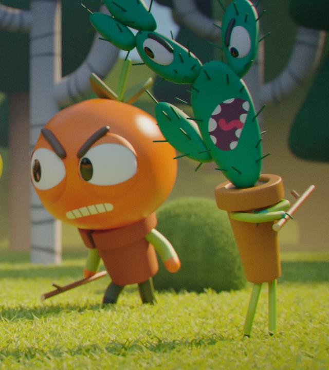 Im Wald: Auf einer Wiese stehen das Mädchen Alex, das Küken Karla und die Fledermaus Vampi gegenüber vom Tomaten-Jungen Heinz und Kaktus Spiky. Heinz und Spiky halten jeweils einen Stock in der Hand und schauen wütend in Richtung der drei Mädchen. Karlas Blick ist entschlossen, während sie einen Picknickkorb auspackt.