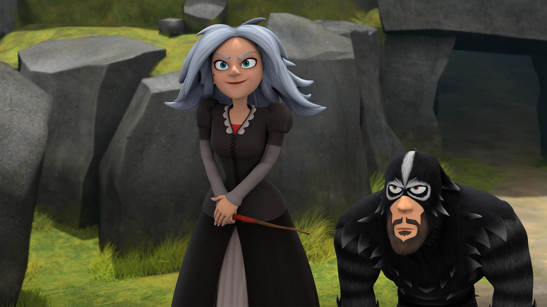 Auf einem Waldweg sitzt König Richard gefesselt, verkehrt herum auf einem Pferd. Marian, die daneben seitlich auf einem Pferd sitzt, blickt ängstlich nach vorne.