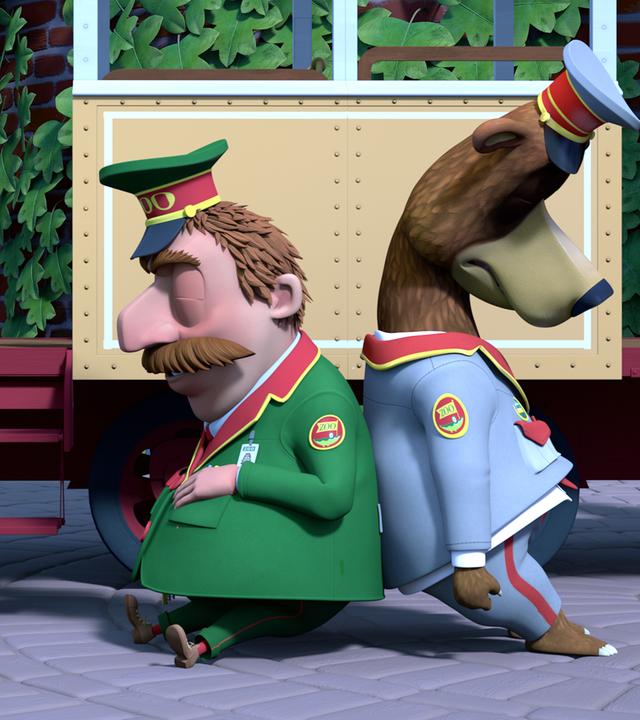 Zacki das Krokodil freut sich darüber, dass der Zoodirektor Herr Timmer und Bär Balduin Rücken an Rücken eingeschlafen sind.