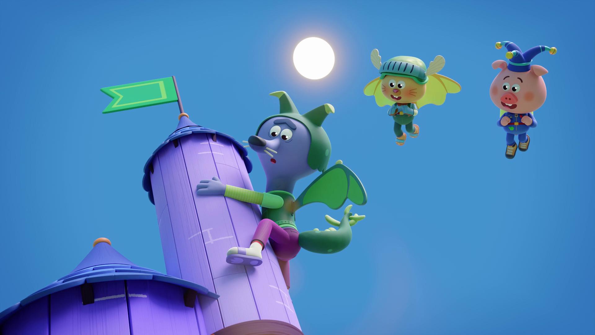 Wir sehen Wilf, den Wolf, in einem grünen Drachenkostüm mit Flügeln. Er hat sich mit beiden Händen an einen lilafarbenen Turm geklammert, der in den Himmel ragt. Am Himmel fliegen Ritterin Rebecca und Charly, verkleidet als Hofnarr. Es scheint, als müssten die beiden Wilf retten.