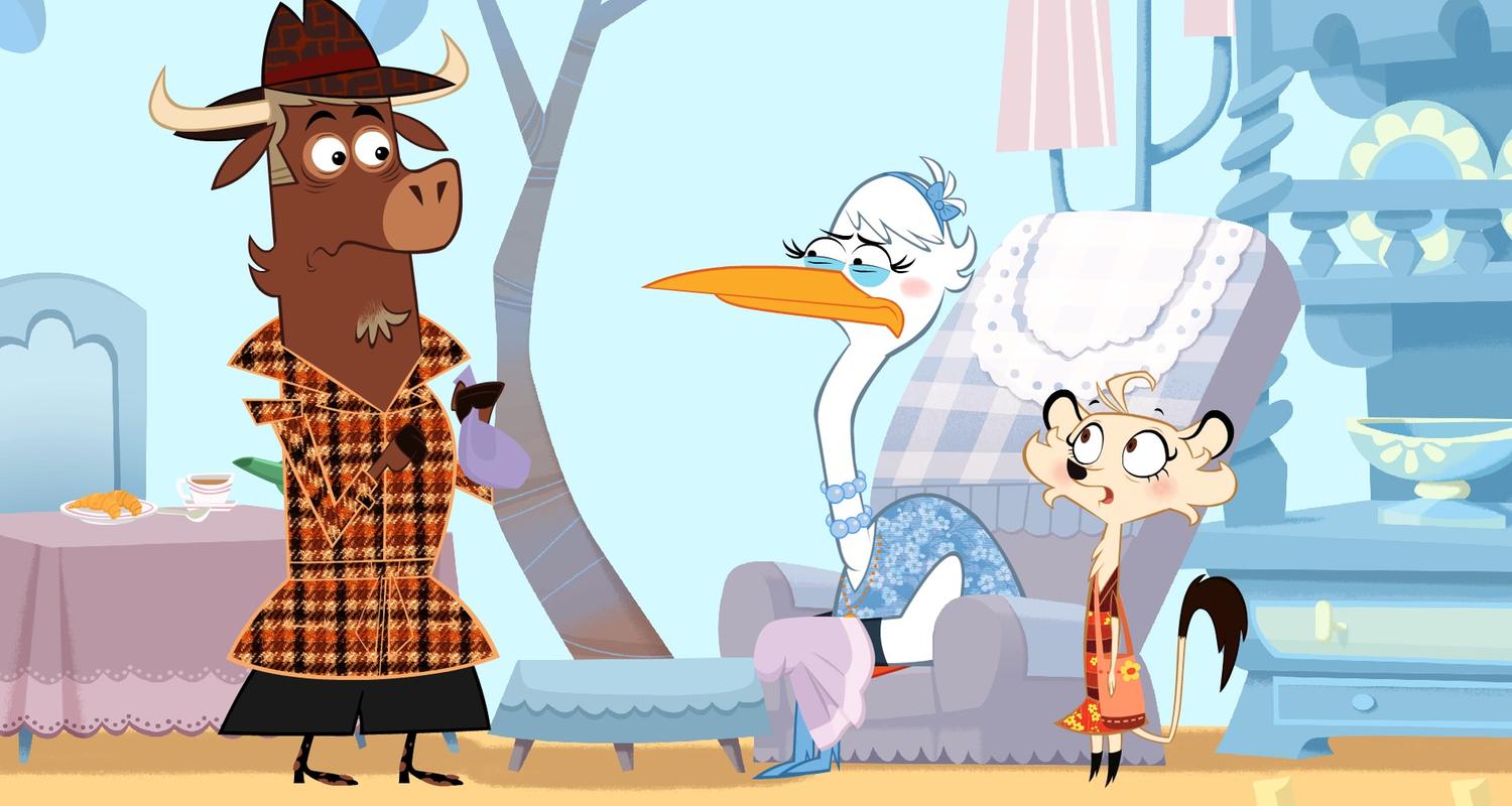 Sherlock Yack und Hermione ermitteln bei Frau Strauß. Sie sitzt zwischen den beiden und sieht unglücklich aus. Es ist ihr peinlich, dass sie in ihrer Fernsehsendung pupsen musste. Sherlock Yack hält mit bemitleidendem Blick das Pupskissen in den Händen.