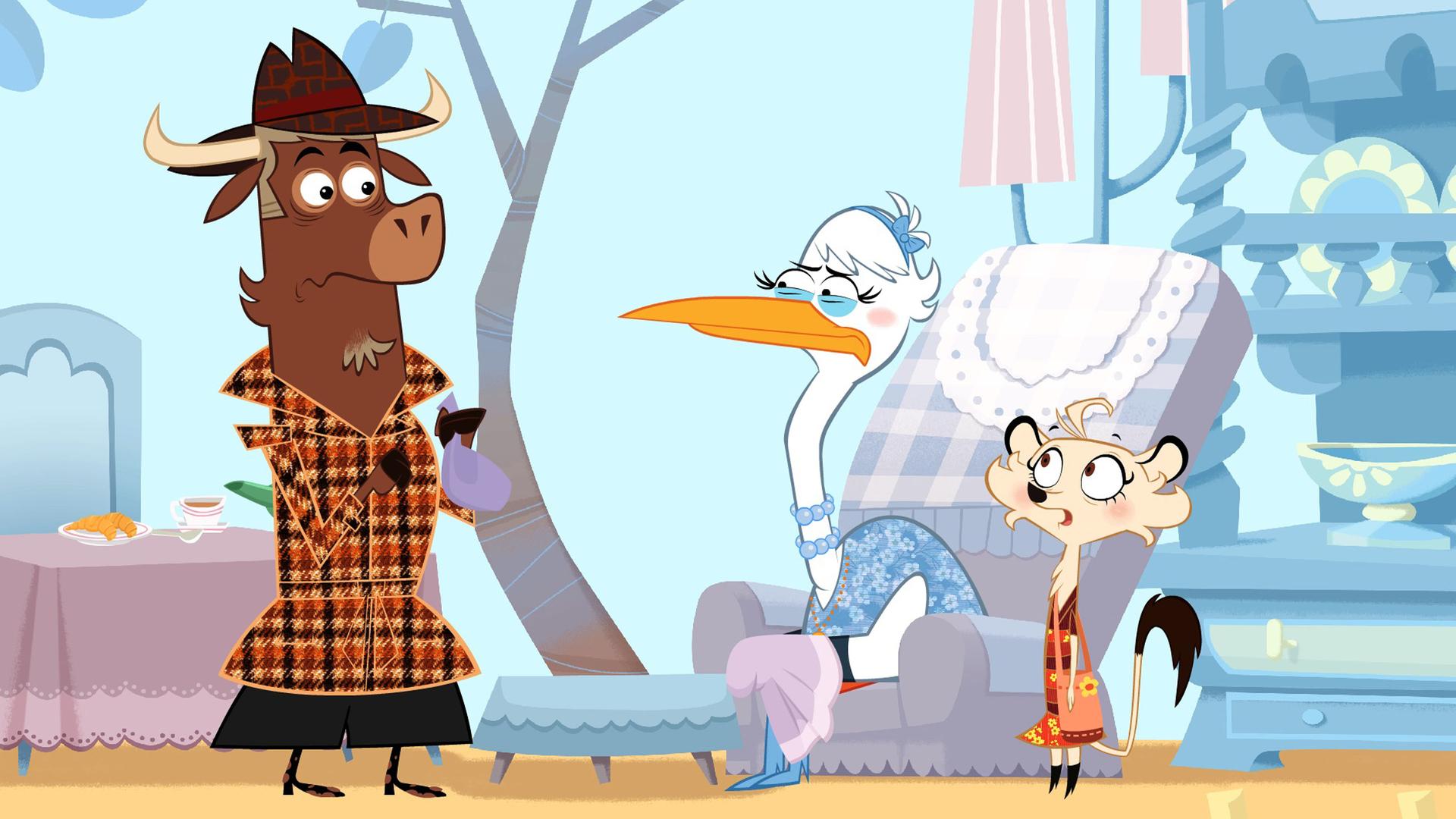 Sherlock Yack und Hermione ermitteln bei Frau Strauß. Sie sitzt zwischen den beiden und sieht unglücklich aus. Es ist ihr peinlich, dass sie in ihrer Fernsehsendung pupsen musste. Sherlock Yack hält mit bemitleidendem Blick das Pupskissen in den Händen.