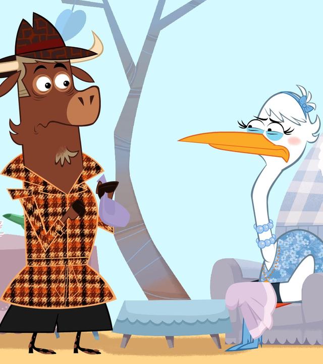 Sherlock Yack und Hermione ermitteln bei Frau Strauß. Sie sitzt zwischen den beiden und sieht unglücklich aus. Es ist ihr peinlich, dass sie in ihrer Fernsehsendung pupsen musste. Sherlock Yack hält mit bemitleidendem Blick das Pupskissen in den Händen.