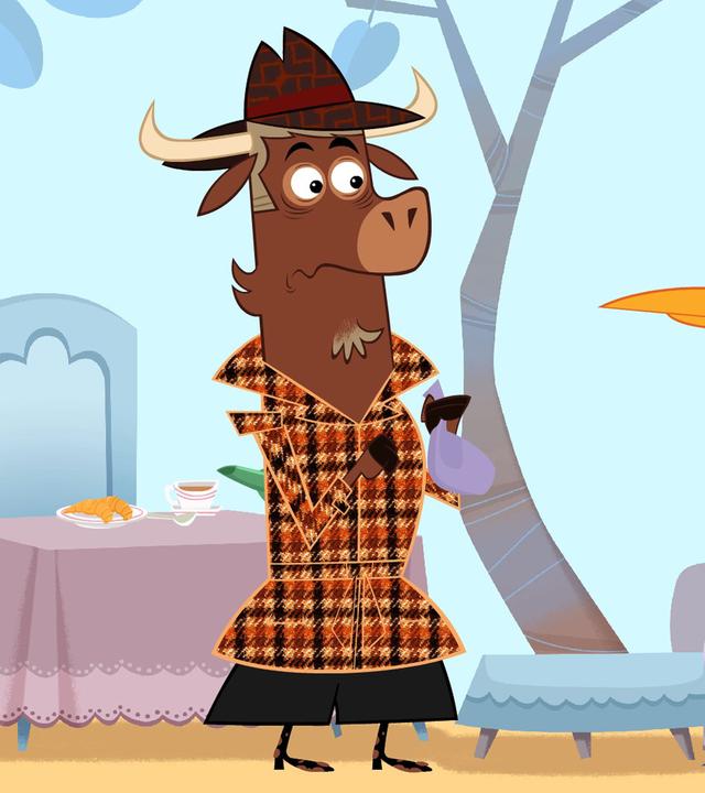 Sherlock Yack und Hermione ermitteln bei Frau Strauß. Sie sitzt zwischen den beiden und sieht unglücklich aus. Es ist ihr peinlich, dass sie in ihrer Fernsehsendung pupsen musste. Sherlock Yack hält mit bemitleidendem Blick das Pupskissen in den Händen.