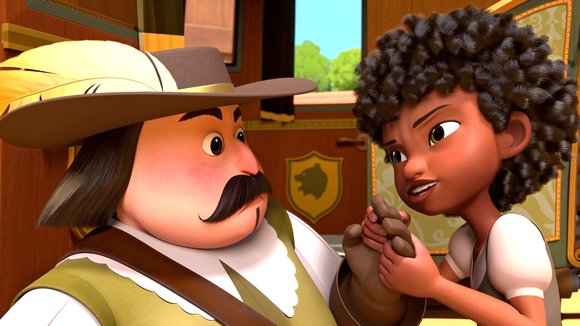 Draußen vor der Kutsche: Inès hält lächelnd König Adhemars linke Hand in ihren Händen. Dieser schaut sie erschrocken an.