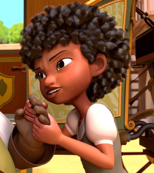 Draußen vor der Kutsche: Inès hält lächelnd König Adhemars linke Hand in ihren Händen. Dieser schaut sie erschrocken an.