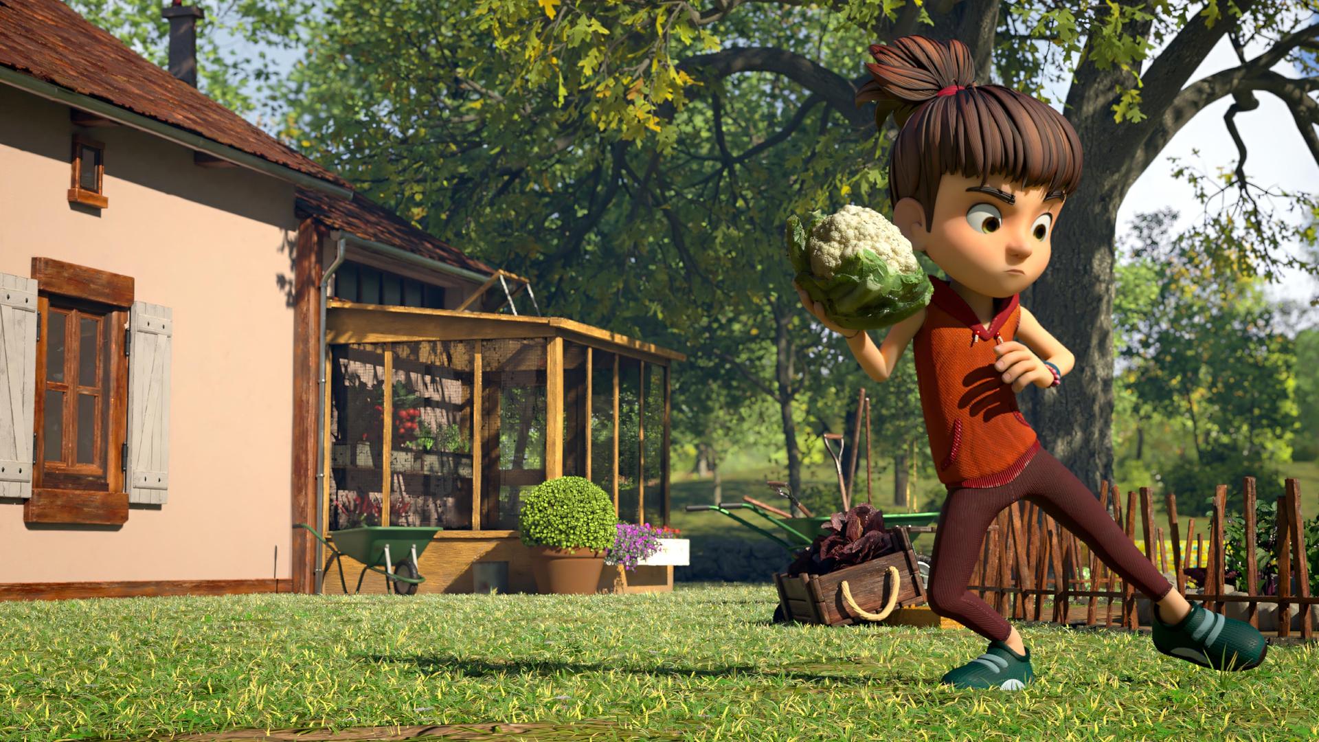 Das Mädchen Bohnenstange trainiert im Garten vor dem Haus für einen Wettkampf. Konzentriert steht sie auf der Wiese und holt gerade zum Weitwurf mit einem Blumenkohl aus.