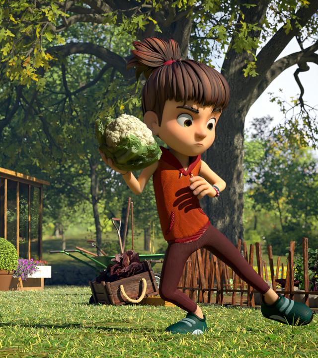 Das Mädchen Bohnenstange trainiert im Garten vor dem Haus für einen Wettkampf. Konzentriert steht sie auf der Wiese und holt gerade zum Weitwurf mit einem Blumenkohl aus.