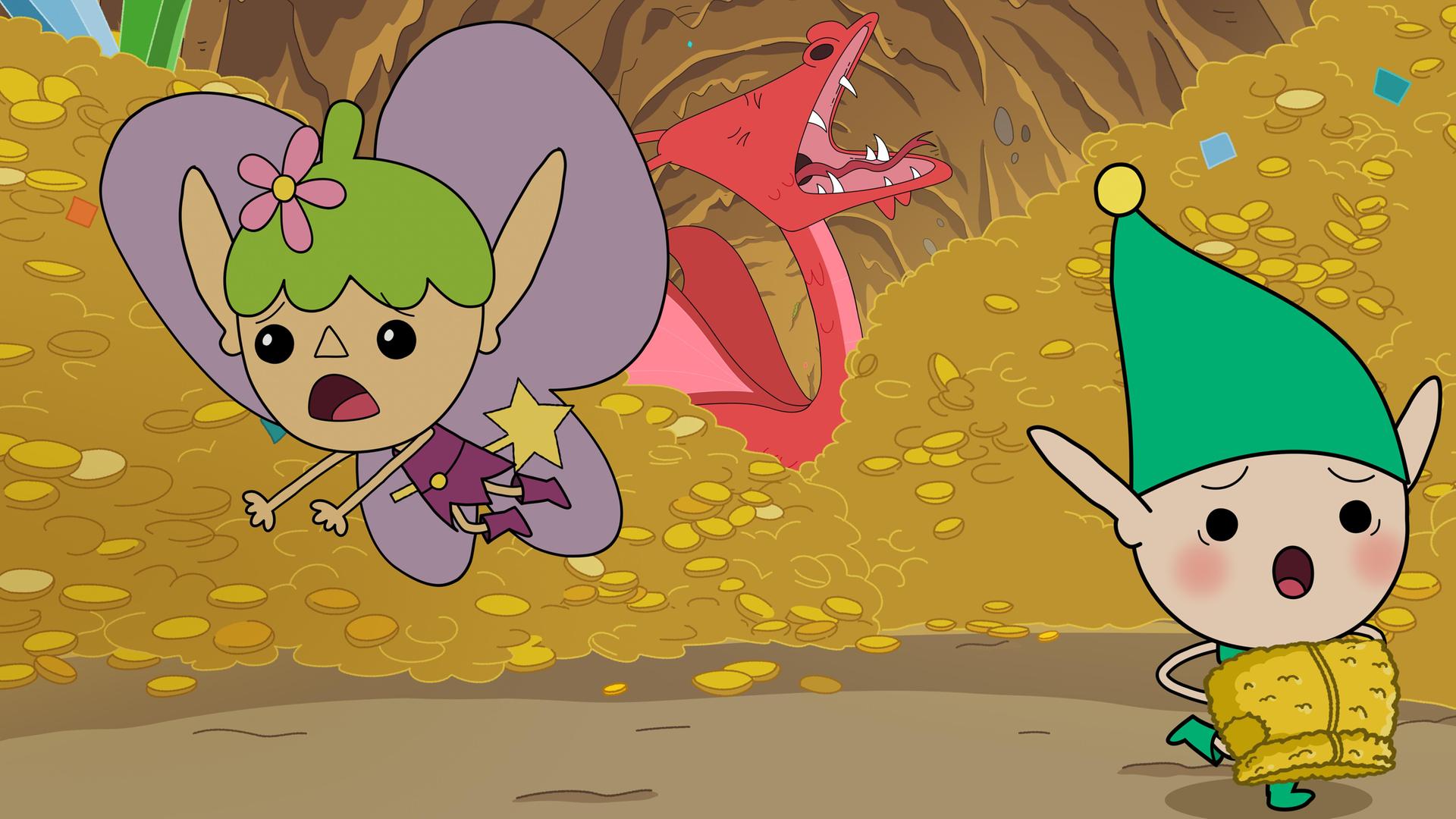 In einer Höhle voll mit Goldmünzen sitzt ein roter Drache, der sein Maul weit aufgerissen hat. Im Vordergrund sind Twinkle und die Assistenz-Heldin Trixie, die beide schreiend weglaufen. Trixie trägt das goldene Vlies.