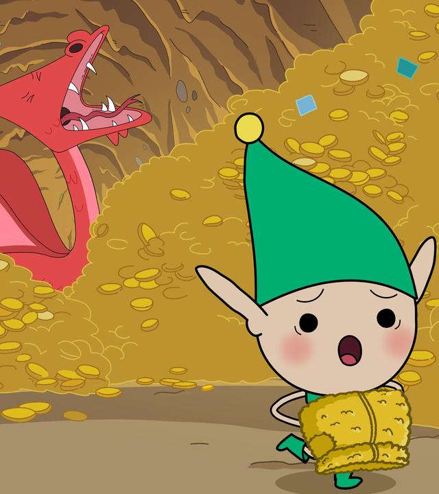 In einer Höhle voll mit Goldmünzen sitzt ein roter Drache, der sein Maul weit aufgerissen hat. Im Vordergrund sind Twinkle und die Assistenz-Heldin Trixie, die beide schreiend weglaufen. Trixie trägt das goldene Vlies.