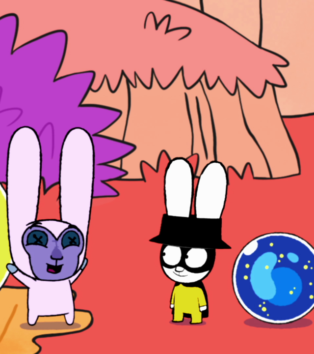 In der Fantasiewelt steht Roboter-Teddy Mega-Mini in einem Hasenkostüm verkleidet als Mega-Bo-Buddy fröhlich neben Captain Hase. Neben Mega-Mini liegt eine große gelb-rote Murmel. Captain Hase schaut interessiert zu Mega-Mini. Neben Captain Hase liegt eine kleinere blaue Murmel.