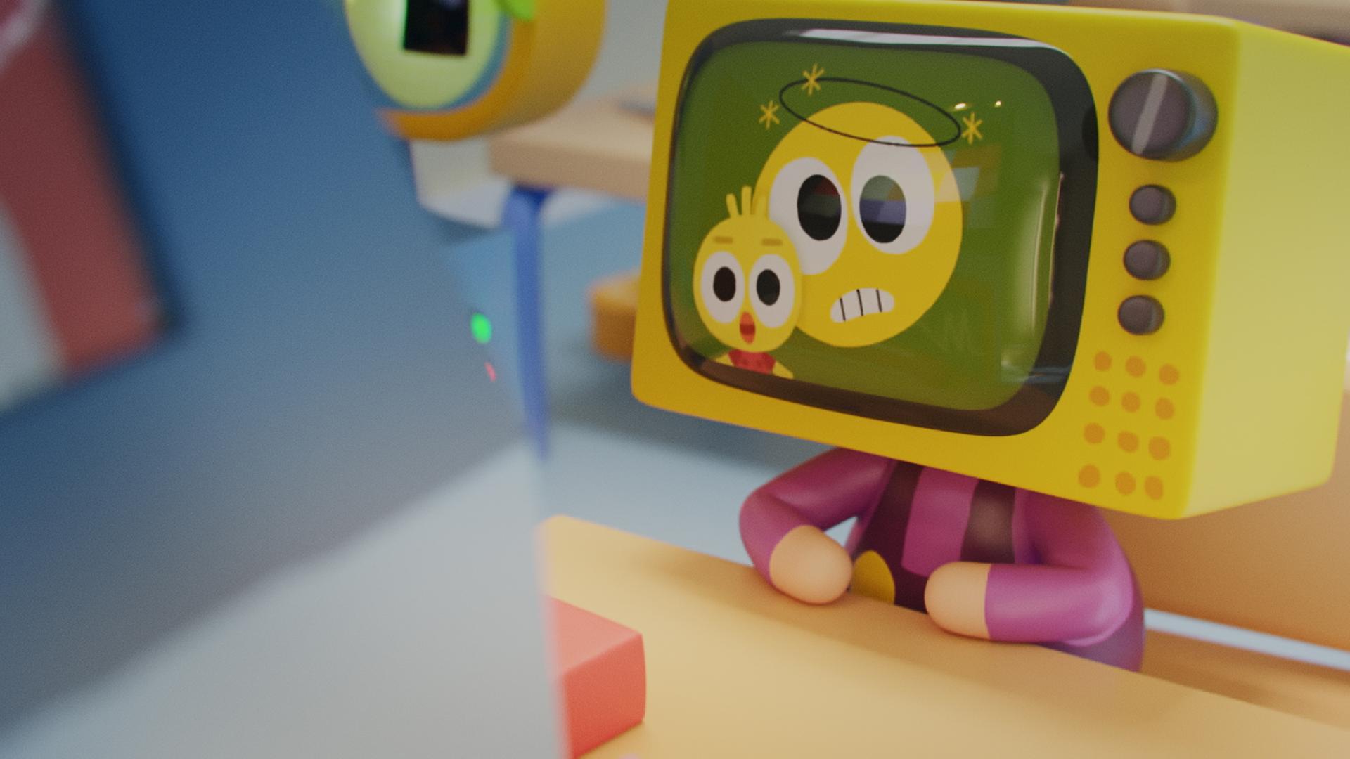 Im Klassenzimmer: Tilda Vision, das Mädchen mit dem Fernsehkopf, sitzt mit aufgestützten Händen an ihrem Tisch. Auf ihrem Bildschirm sind ein verdutzt blickender Smiley und das Küken Karla abgebildet. Im Hintergrund sitzen Tildas Klassenkameraden.