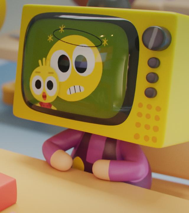 Im Klassenzimmer: Tilda Vision, das Mädchen mit dem Fernsehkopf, sitzt mit aufgestützten Händen an ihrem Tisch. Auf ihrem Bildschirm sind ein verdutzt blickender Smiley und das Küken Karla abgebildet. Im Hintergrund sitzen Tildas Klassenkameraden.