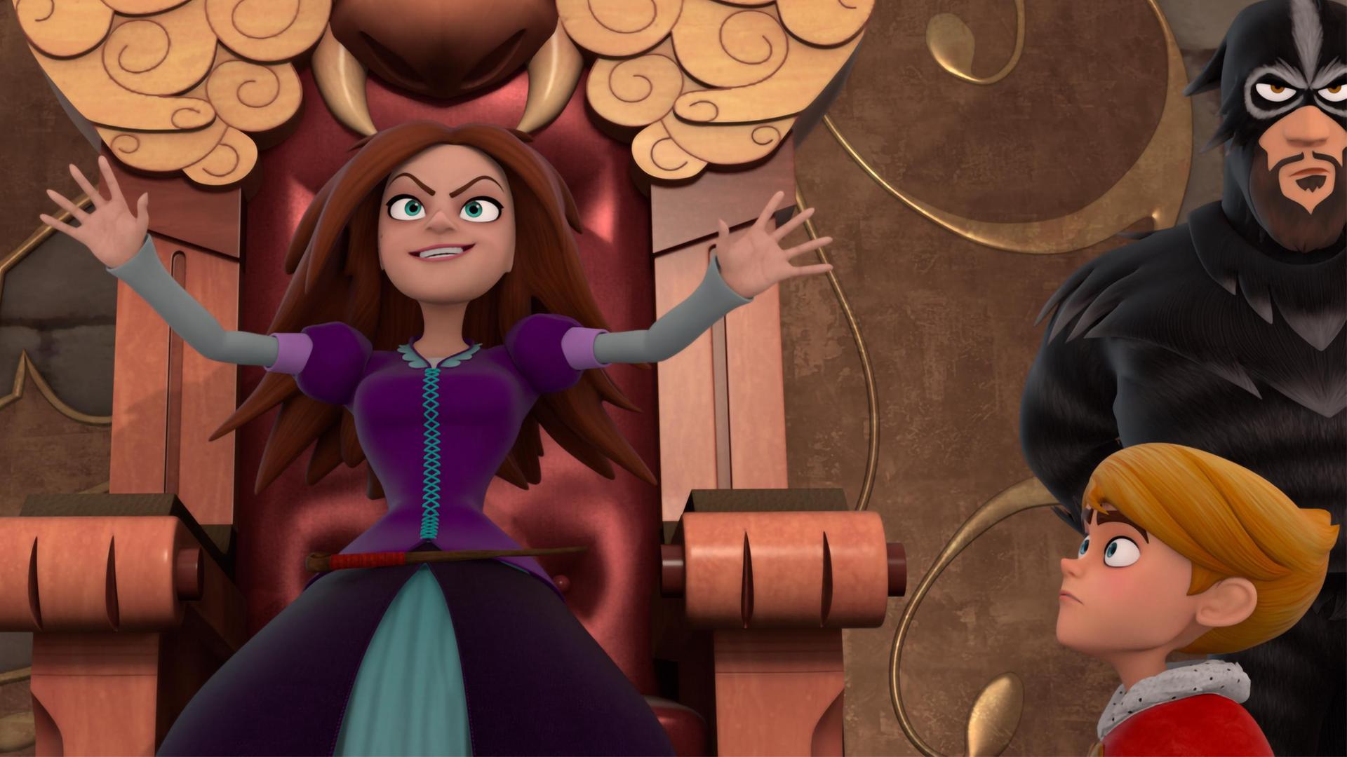 Die Hexe Morgan steht mit schiefem Lächeln und weit ausgebreiteten Armen am Königsthron. Unter ihr, zu ihr empor blickend, stehen Nelly und Prinz John. Neben der Hexe steht ein Wachmann der Wolfswachen, ganz in Schwarz gekleidet und mit einer ebenfalls schwarzen Maske über Kopf und Augen.