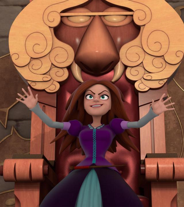 Die Hexe Morgan steht mit schiefem Lächeln und weit ausgebreiteten Armen am Königsthron. Unter ihr, zu ihr empor blickend, stehen Nelly und Prinz John. Neben der Hexe steht ein Wachmann der Wolfswachen, ganz in Schwarz gekleidet und mit einer ebenfalls schwarzen Maske über Kopf und Augen.