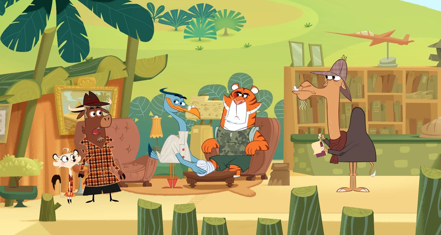 Doktor Schnabelmann behandelt den verletzten Tiger. Sherlock Yack, Hermione und das Dromedar stehen daneben. Der Tiger sieht wütend aus, als der Doktor im den Fuß verbindet. Sherlock Yack schaut erschrocken.