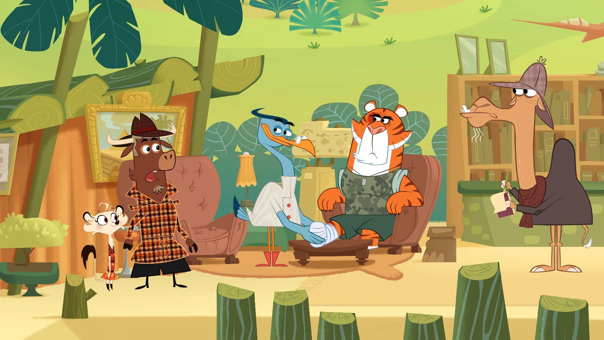 Doktor Schnabelmann behandelt den verletzten Tiger. Sherlock Yack, Hermione und das Dromedar stehen daneben. Der Tiger sieht wütend aus, als der Doktor im den Fuß verbindet. Sherlock Yack schaut erschrocken.