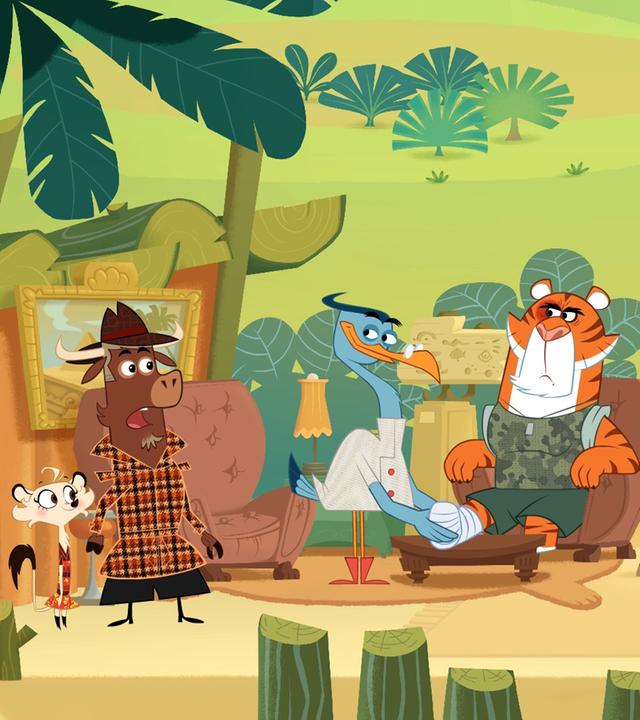 Doktor Schnabelmann behandelt den verletzten Tiger. Sherlock Yack, Hermione und das Dromedar stehen daneben. Der Tiger sieht wütend aus, als der Doktor im den Fuß verbindet. Sherlock Yack schaut erschrocken.