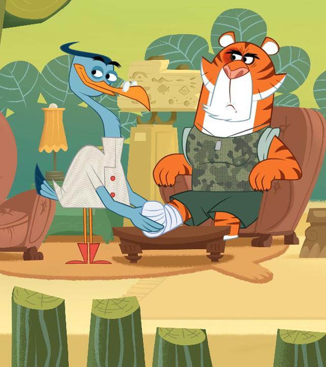 Doktor Schnabelmann behandelt den verletzten Tiger. Sherlock Yack, Hermione und das Dromedar stehen daneben. Der Tiger sieht wütend aus, als der Doktor im den Fuß verbindet. Sherlock Yack schaut erschrocken.