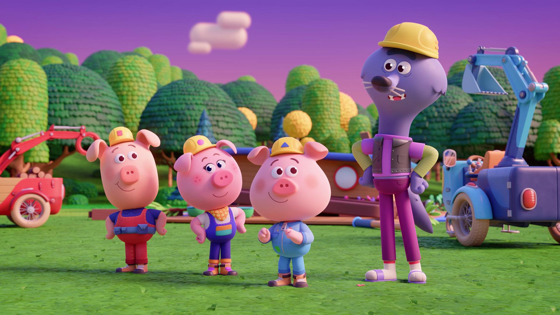 Drei Schweinchen mit gelben Bauarbeiterhelmen und Wilf, der Wolf, ebenfalls mit Bauarbeiterhelm, stehen in einer Reihe im Bild. Im Hintergrund sehen wir ihre Baustellenfahrzeuge und einige Bäume. Der Himmel ist rosa, es scheint zu dämmern.