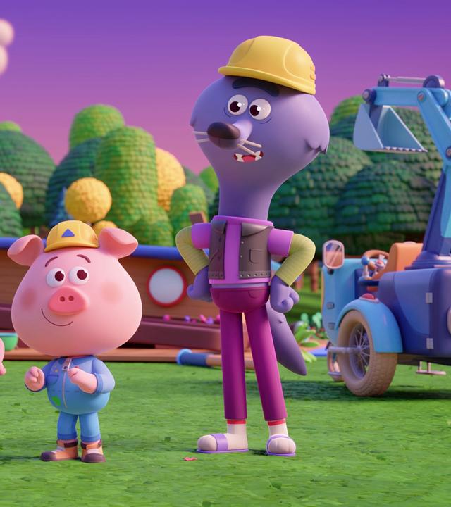 Drei Schweinchen mit gelben Bauarbeiterhelmen und Wilf, der Wolf, ebenfalls mit Bauarbeiterhelm, stehen in einer Reihe im Bild. Im Hintergrund sehen wir ihre Baustellenfahrzeuge und einige Bäume. Der Himmel ist rosa, es scheint zu dämmern.