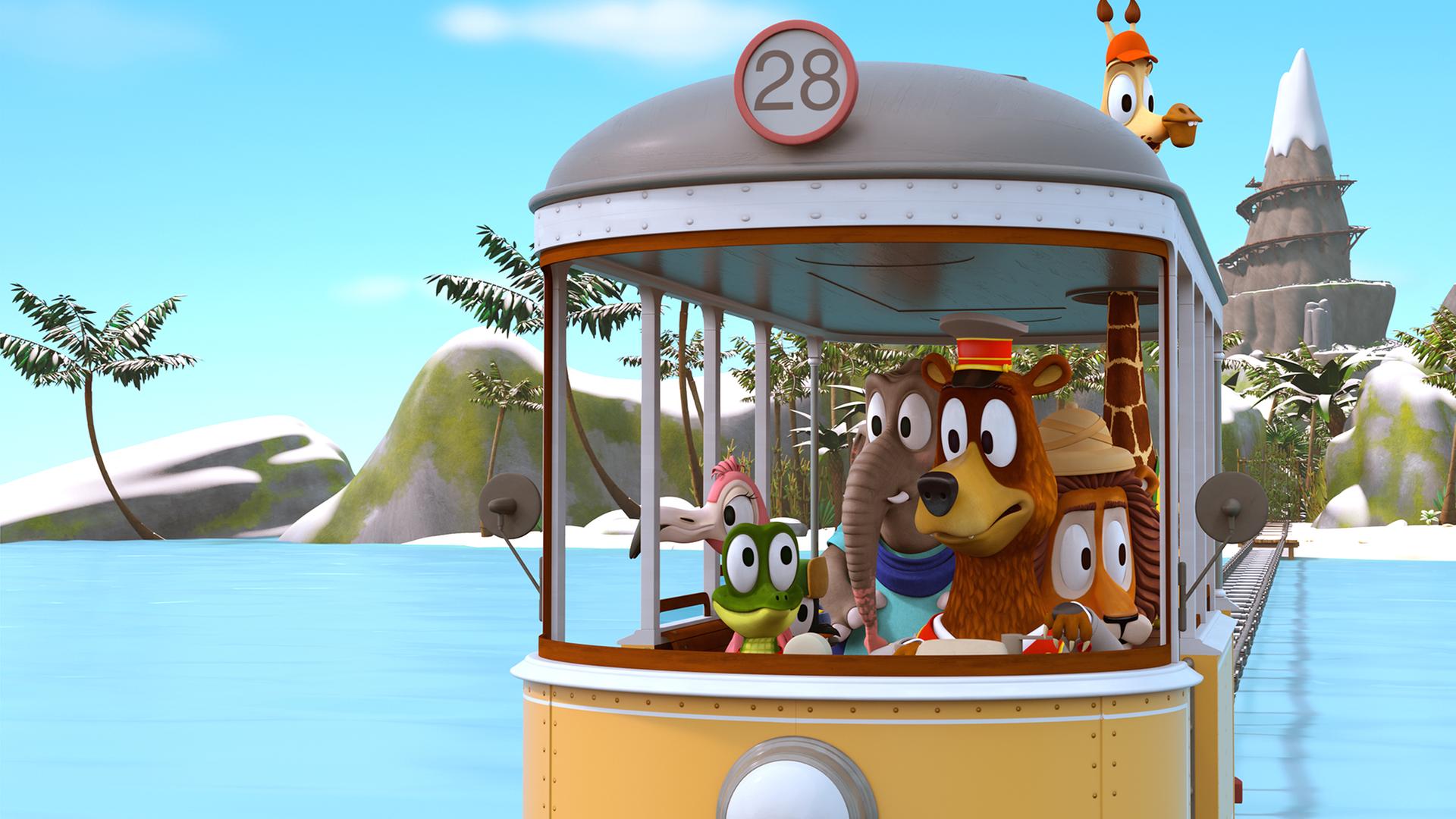 Die Zoobande sitzt zusammen in ihrer Bahn, die von Balduin gesteuert wird. Sie fahren von der Insel weg, auf der überall Schnee liegt.