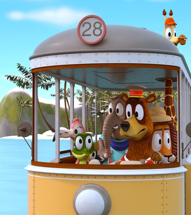 Die Zoobande sitzt zusammen in ihrer Bahn, die von Balduin gesteuert wird. Sie fahren von der Insel weg, auf der überall Schnee liegt.