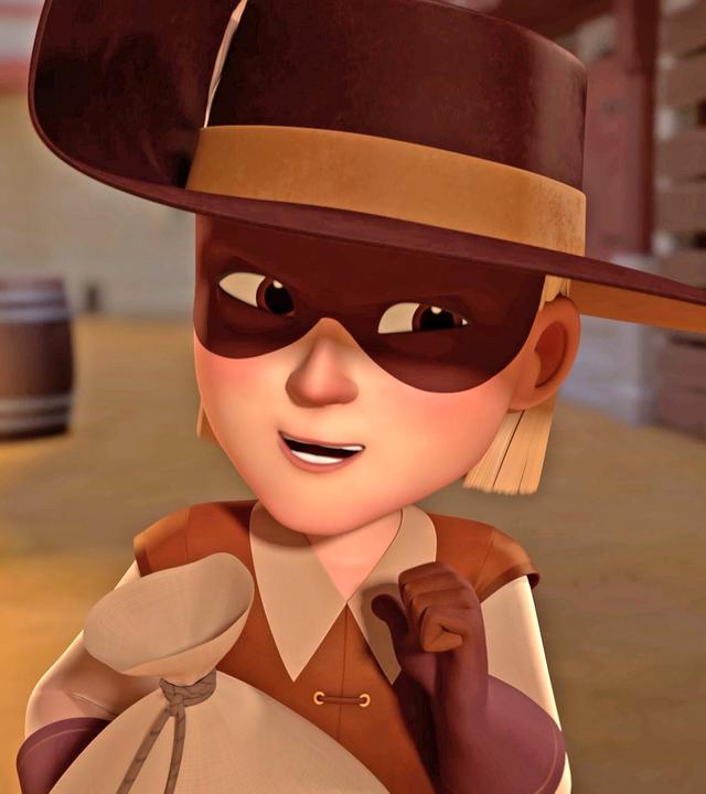 Jussac steht als Musketier gekleidet und mit Maske da. Er hat den Mund leicht geöffnet und blickt schelmisch drein. In der Hand hat er einen kleinen Sack.