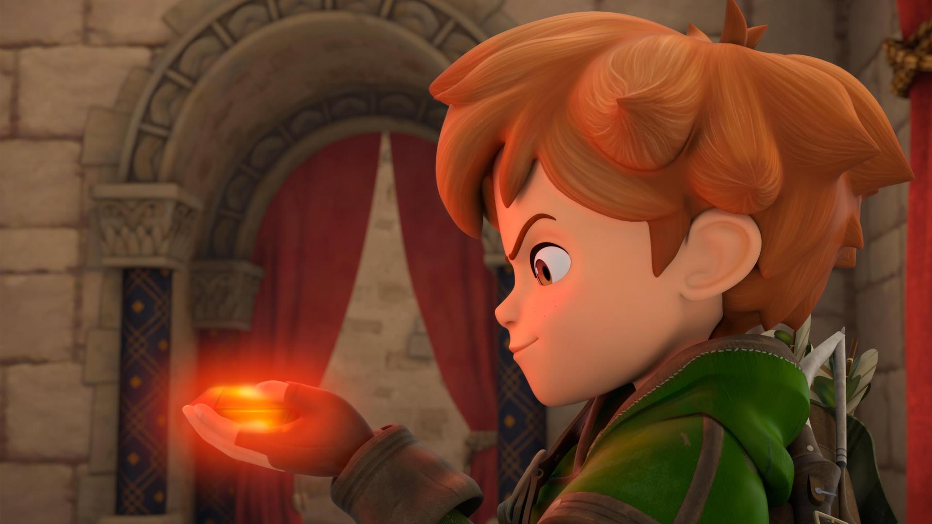 Im Schloss: Robin hält vorsichtig einen rot glühenden Rubin in seinen Händen und betrachtet ihn zufrieden.