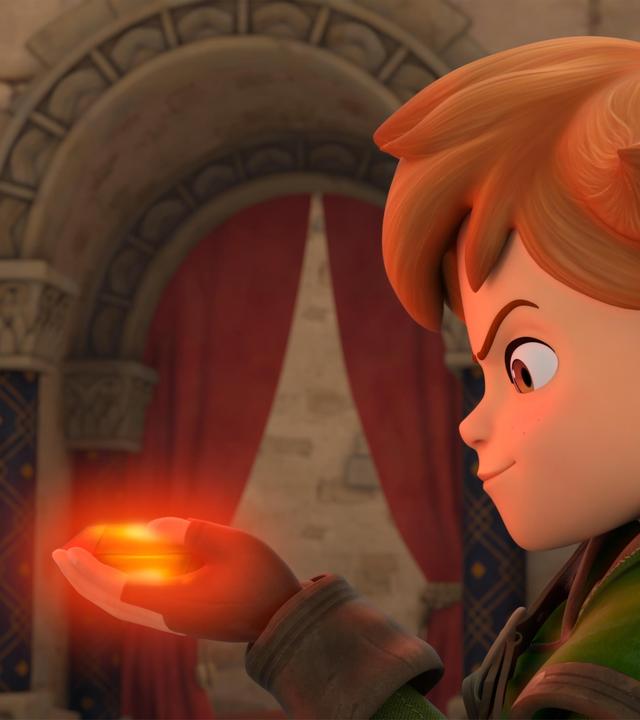 Im Schloss: Robin hält vorsichtig einen rot glühenden Rubin in seinen Händen und betrachtet ihn zufrieden.