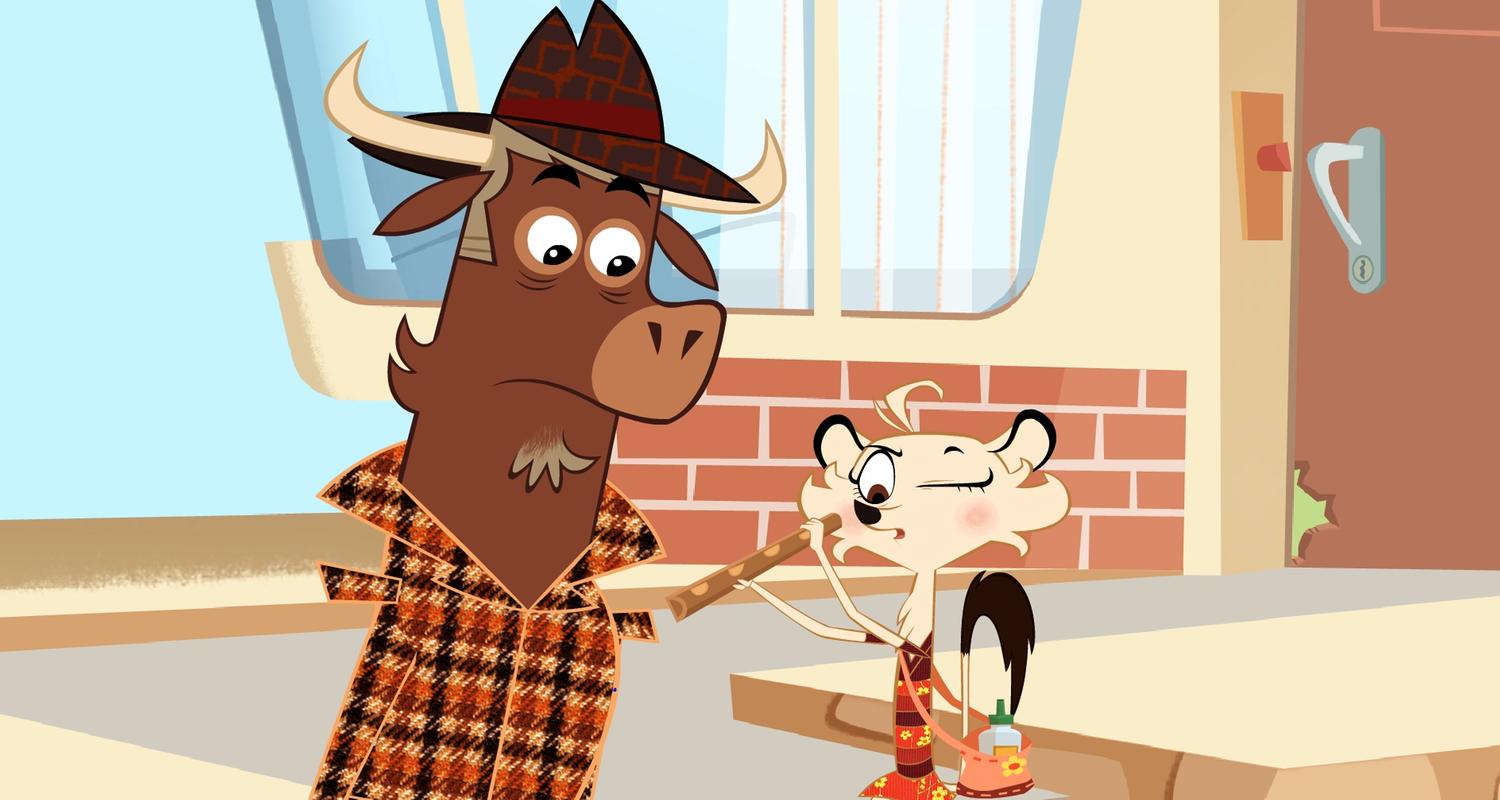 Hermione steht neben Sherlock Yack und beweist ihm, wie geschickt sie mit Holzpaste umgehen kann. Sie blickt mit einem Auge in ein Holzrohr hinein. Sherlock Yack sieht ihr interessiert zu.