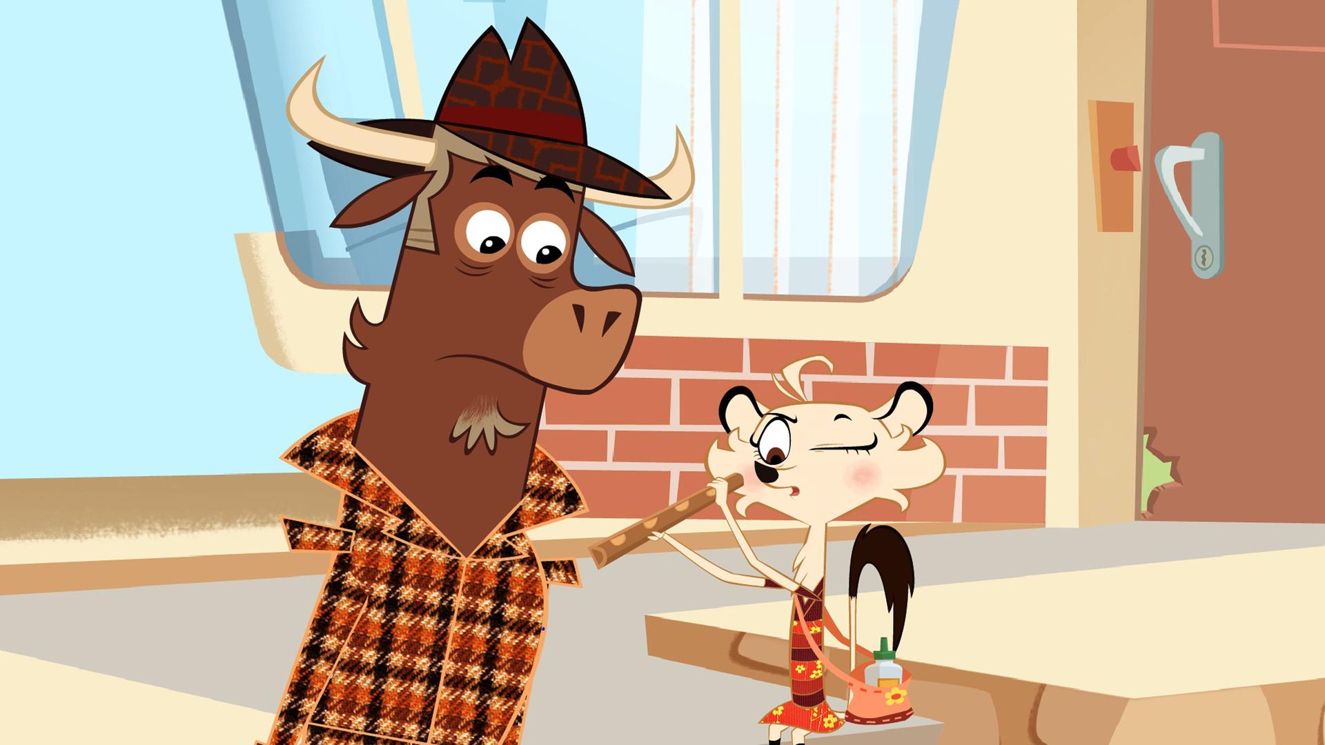 Hermione steht neben Sherlock Yack und beweist ihm, wie geschickt sie mit Holzpaste umgehen kann. Sie blickt mit einem Auge in ein Holzrohr hinein. Sherlock Yack sieht ihr interessiert zu.