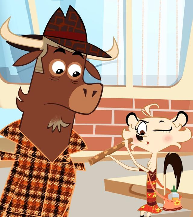 Hermione steht neben Sherlock Yack und beweist ihm, wie geschickt sie mit Holzpaste umgehen kann. Sie blickt mit einem Auge in ein Holzrohr hinein. Sherlock Yack sieht ihr interessiert zu.