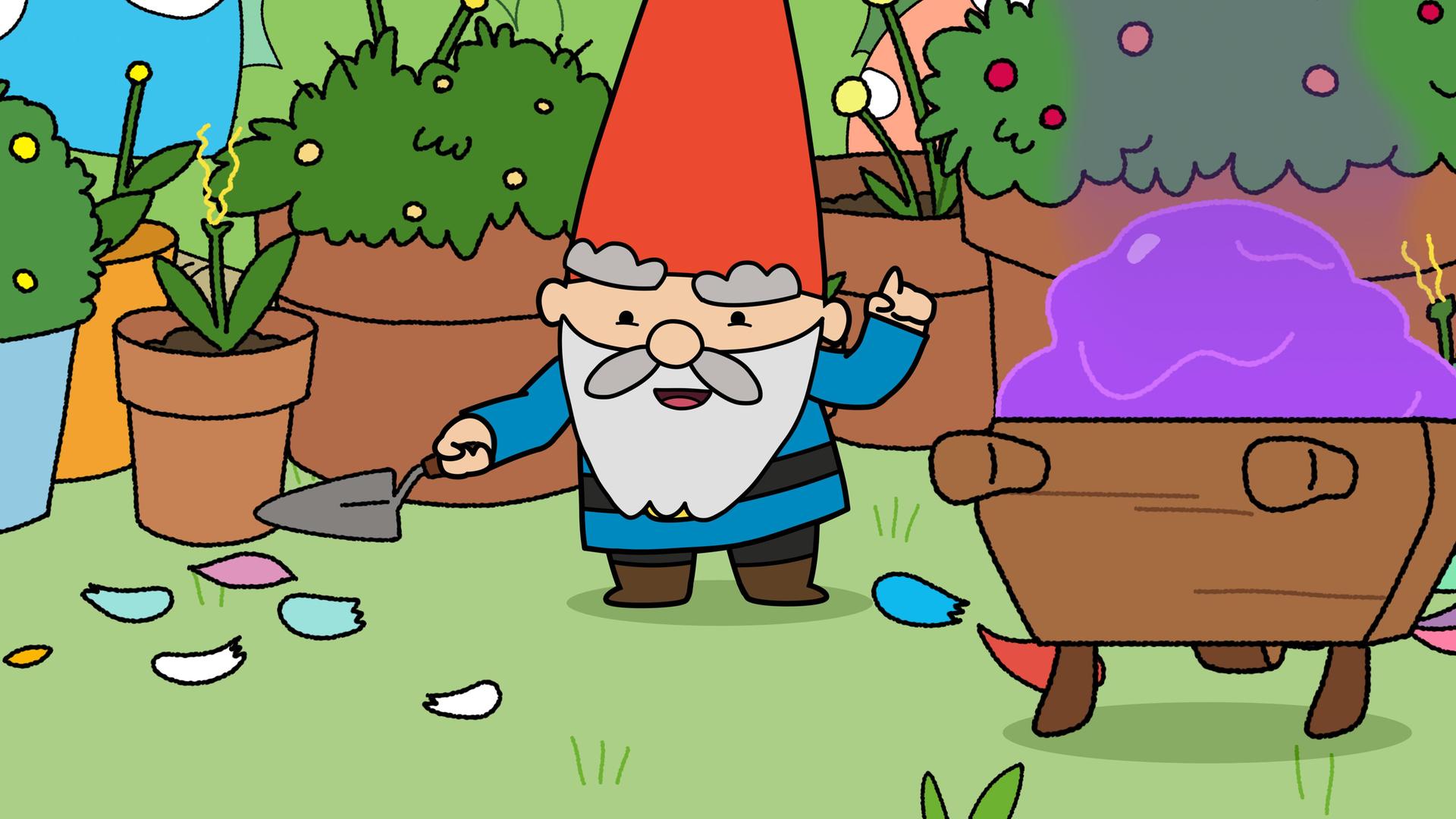 Herbert steht mit einem kleinen Spaten in der Hand vor seinen Blumentöpfen. Alle Blüten sind zerstört, die Blütenblätter liegen um Herbert herum auf der Wiese. Neben Herbert steht eine Schubkarre, die stinkenden - eine helllila Duftwolke steigt auf - lila Kompost geladen hat. Herbert schaut uns siegesbewusst an.