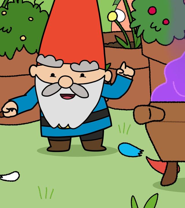 Herbert steht mit einem kleinen Spaten in der Hand vor seinen Blumentöpfen. Alle Blüten sind zerstört, die Blütenblätter liegen um Herbert herum auf der Wiese. Neben Herbert steht eine Schubkarre, die stinkenden - eine helllila Duftwolke steigt auf - lila Kompost geladen hat. Herbert schaut uns siegesbewusst an.