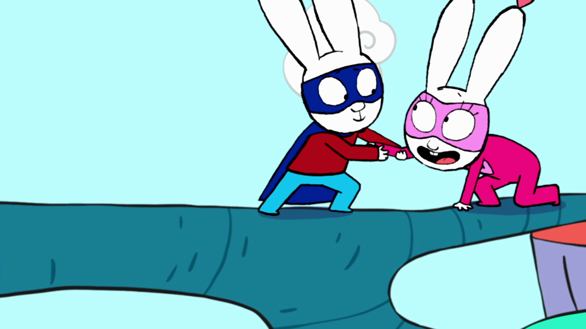 In der Fantasiewelt stehen Superhase und Super-Lou gemeinsam auf einem schmalen Ast, der über eine Klippe führt. Super-Lou kniet ganz aufgeregt mit einem Bein auf dem Ast. Superhase hält Super-Lou helfend am rechten Arm fest. Beide lächeln sich an.