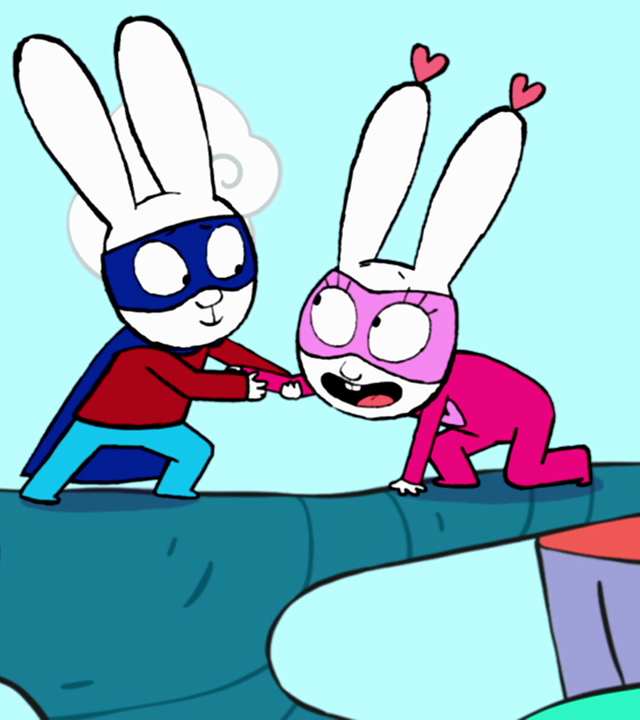 In der Fantasiewelt stehen Superhase und Super-Lou gemeinsam auf einem schmalen Ast, der über eine Klippe führt. Super-Lou kniet ganz aufgeregt mit einem Bein auf dem Ast. Superhase hält Super-Lou helfend am rechten Arm fest. Beide lächeln sich an.