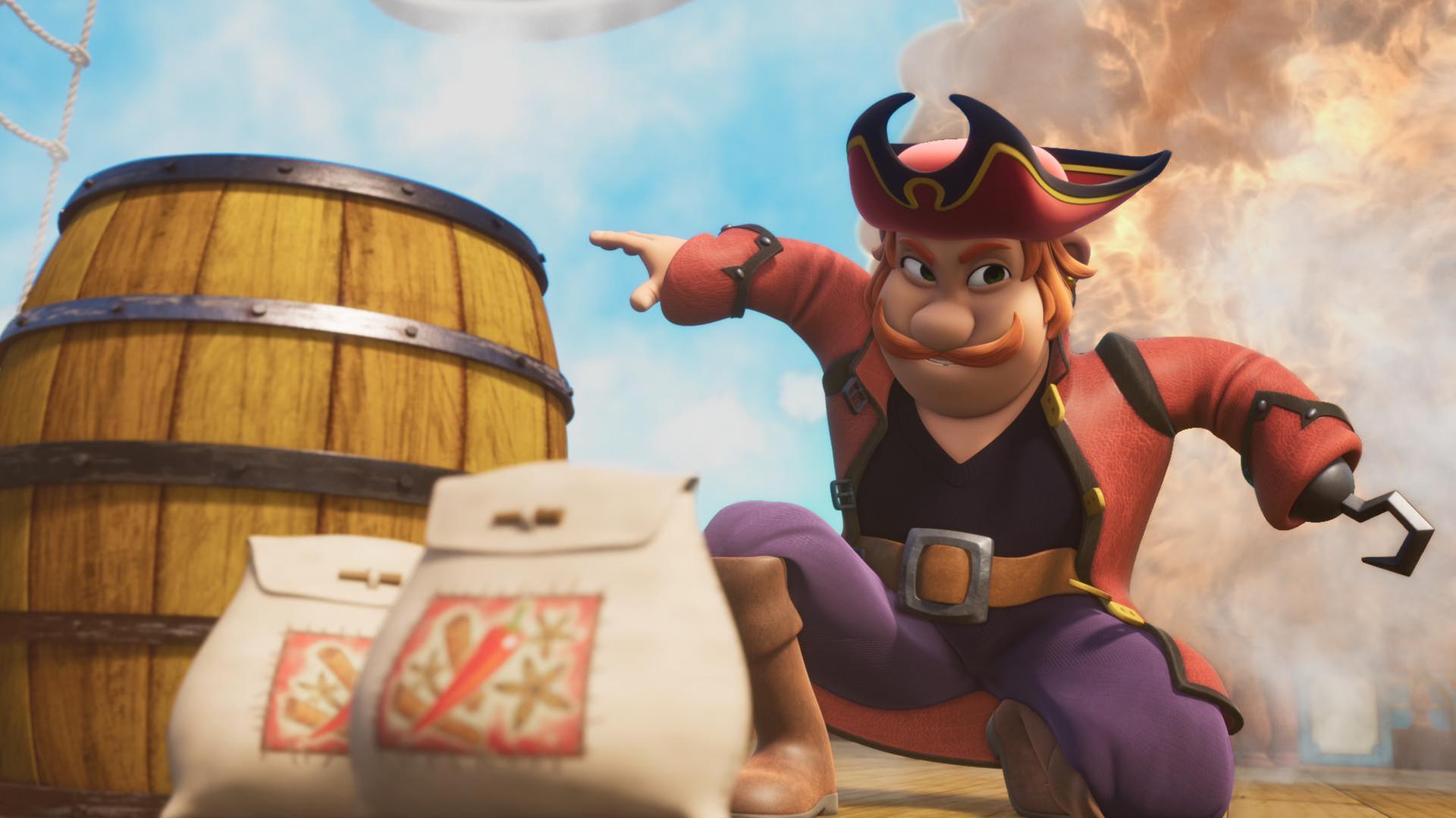 Auf Deck kniet Käpt'n Raubeins Bruder Francis. Neben ihm steht ein Holzfass. Hinter ihm leuchtet ein riesiger Feuerball. Vor ihm liegen zwei Säcke.