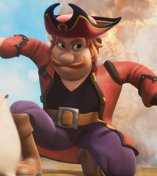 Auf Deck kniet Käpt'n Raubeins Bruder Francis. Neben ihm steht ein Holzfass. Hinter ihm leuchtet ein riesiger Feuerball. Vor ihm liegen zwei Säcke.