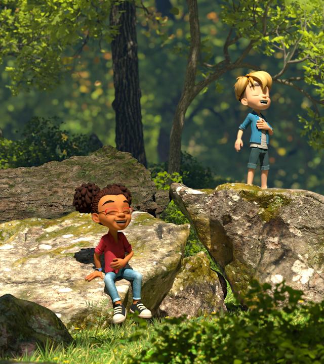 Im Wald seht Raphael oben auf einem Felsbrocken und führt seinen Freunden etwas vor. Lina, die seitlich auf einem anderen Felsbrocken sitzt, hält sich vor Lachen den Bauch. Bohnenstange steht rechts daneben auf einer Wiese. Sie applaudiert lachend. Kleiner Fuß steht neben seiner Schwester Bohnenstange und versucht aufmerksam zuzuhören.