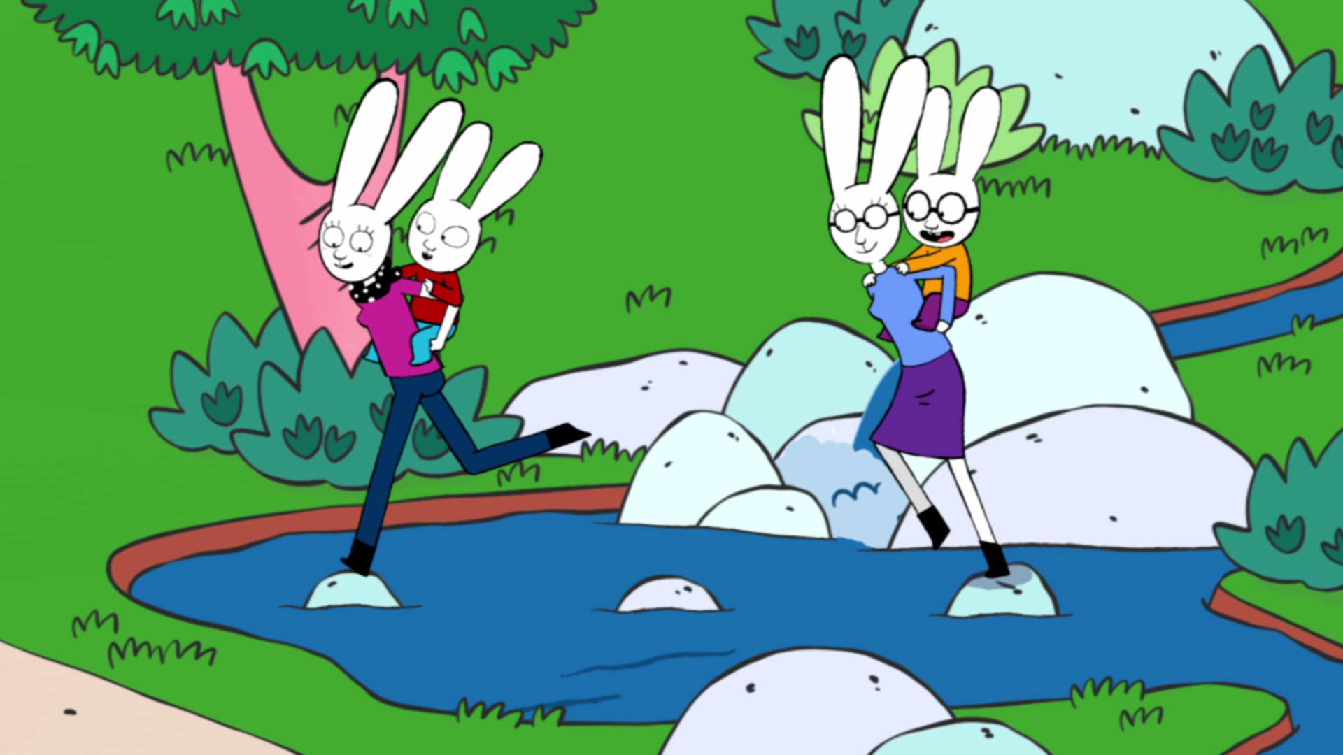 Simon sitzt Huckepack auf dem Rücken seiner Mama. Zusammen laufen sie vor Ferdinands Mama her, die Ferdinand auch Huckepack auf ihrem Rücken trägt. Die vier machen ein Wettrennen durch den Park und springen über die Steine, die aus dem Teich herausragen.