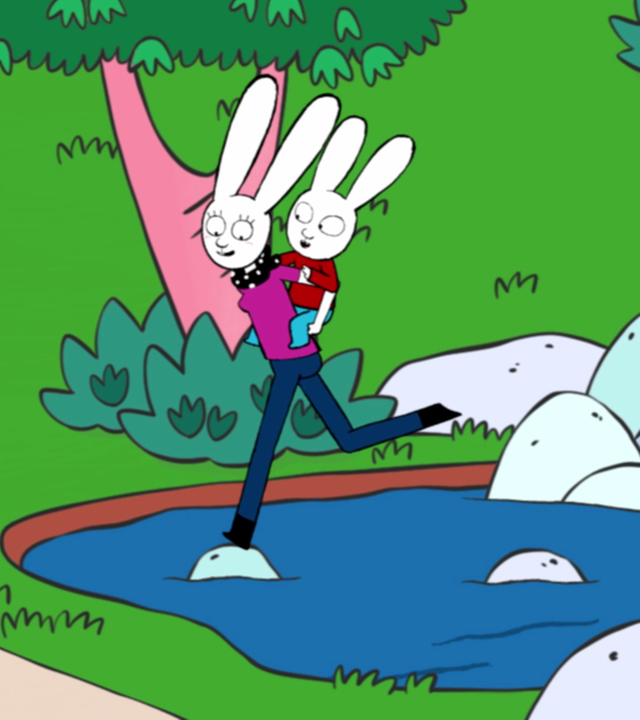 Simon sitzt Huckepack auf dem Rücken seiner Mama. Zusammen laufen sie vor Ferdinands Mama her, die Ferdinand auch Huckepack auf ihrem Rücken trägt. Die vier machen ein Wettrennen durch den Park und springen über die Steine, die aus dem Teich herausragen.