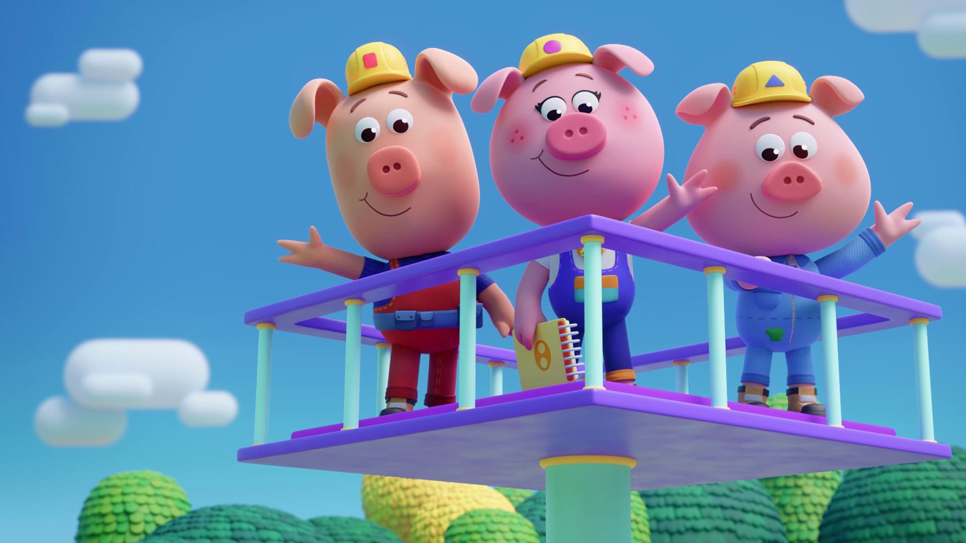 Die Werkel-Ferkel mit gelben Bauarbeiter-Helmen stehen in einem quadratischen Spielfeld mit Geländer. Das Feld ist erhöht und steht auf einer Säule. Wir schauen leicht von unten auf die Schweinchen - sie winken. Im Hintergrund ist blauer Himmel zu sehen.