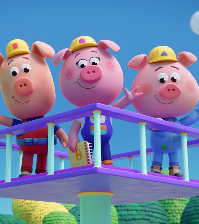 Die Werkel-Ferkel mit gelben Bauarbeiter-Helmen stehen in einem quadratischen Spielfeld mit Geländer. Das Feld ist erhöht und steht auf einer Säule. Wir schauen leicht von unten auf die Schweinchen - sie winken. Im Hintergrund ist blauer Himmel zu sehen.