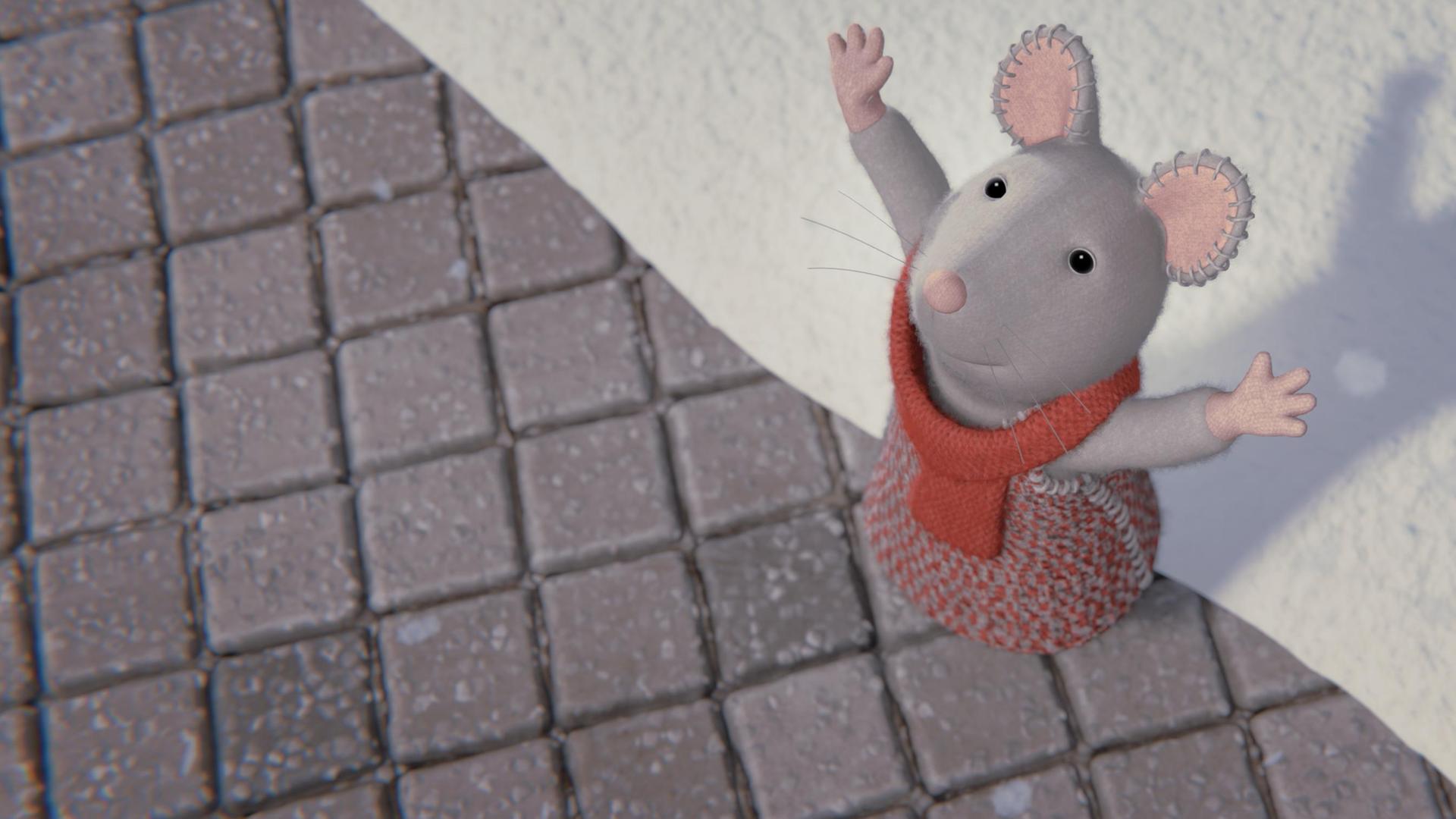 Julia steht im Freien und blickt staunend mit aufgerissenen Armen in den Himmel. Ein Teil des Asphalts ist mit Schnee bedeckt und ein paar Schneeflocken fallen auf Julia hinunter.