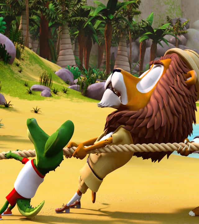 Krokodil Zacki, Löwe Lionel und Bär Balduin ziehen gemeinsam mit großer Anstrengung an einem Seil.