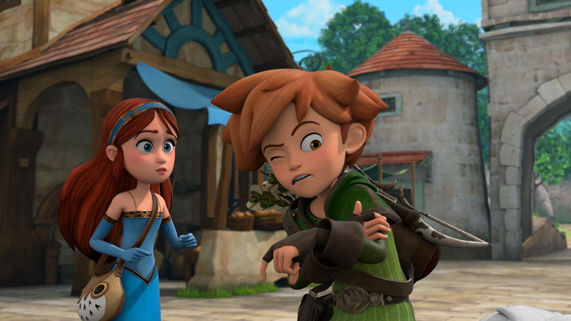 Im Dorf blickt Marian besorgt zu Robin, der sich an seinem linken Arm mit schmerzverzerrtem Gesicht festhält.