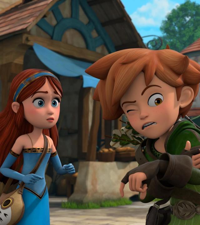 Im Dorf blickt Marian besorgt zu Robin, der sich an seinem linken Arm mit schmerzverzerrtem Gesicht festhält.