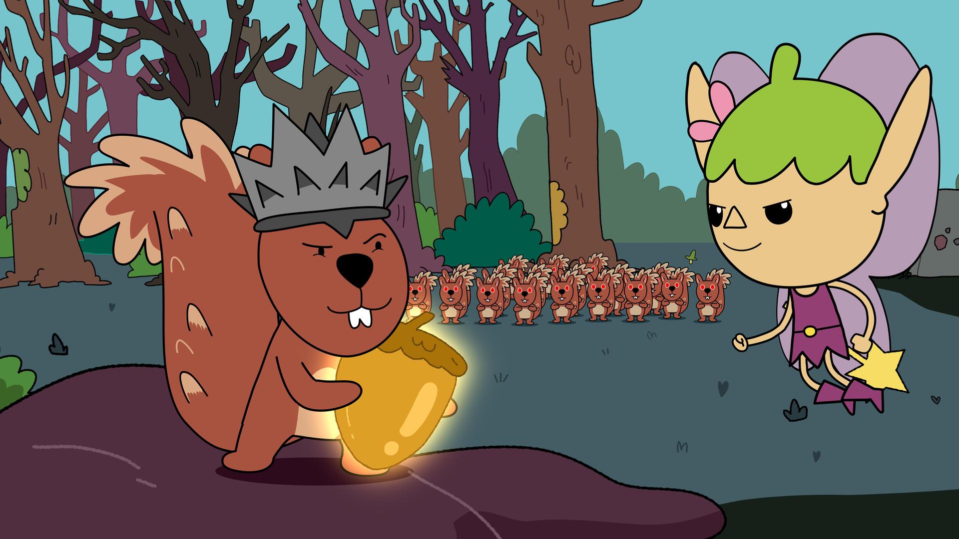 Die Eichhörnchenkönigin steht mit hinterlistigem Gesichtsausdruck auf einem Stein und hält die goldene Eichel in ihren Händen. Twinkle schwebt ihr gegenüber in der Luft und schaut sie ernst-böse an. Im Hintergrund steht das Eichhörnchenvolk aufgereiht in mehreren Reihen. Noch weiter hinten ragen die abgestorbenen Bäume ohne Blätter in den Himmel.